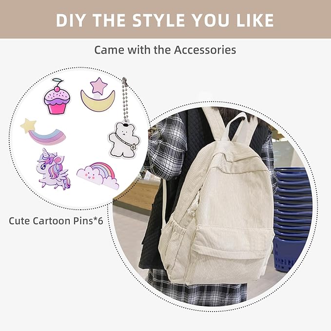 School Backpack for Teens, Corduroy Bookbag with 6X Cute Pin Accessories, Lightweight High School College Laptop Bags, Women Travel Daypacks