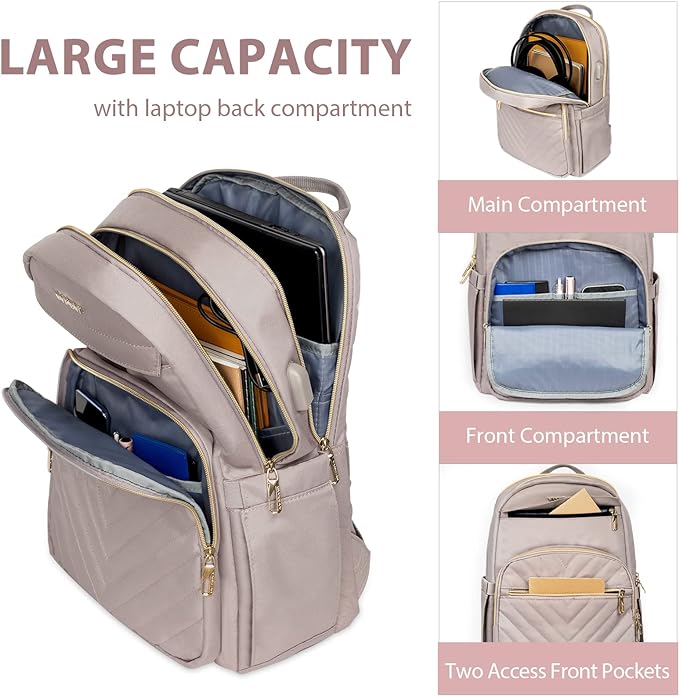 VANKEAN Laptop Backpack for Women with USB Port,15.6 Inch Laptop Computer Bag Travel Backpack Purse,Waterproof Work Business Backpack College Teacher Bags, Light Dusty Pink