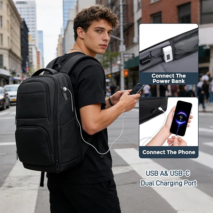 FENRUIEN Business Laptop Backpack for Men, Anti-Theft Travel Backpack with USB Charging Port, Water-Resistant Computer Pack Fits 15.6" Laptop, TSA-Friendly Commuter Daypack, Black