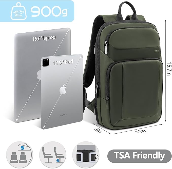 Backpack for Men Slim & Expandable Travel Laptop Backpack with USB Charging Port Water Resistant Anti-Theft Business Backpack Fits 15.6In Laptop for Commute Work College with Small Bag(Olive Green)