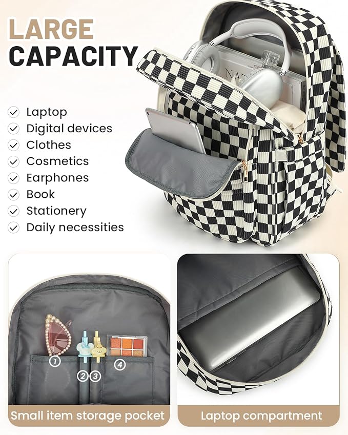 Corduroy Laptop Backpack for Women, Fits 15.6 Inch Computer Bag, College High School Bookbag Travel Daypack Purse, Work Business Bags - Corduroy Checkered Black