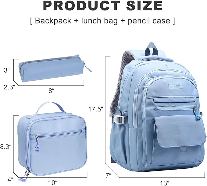 Phaoullzon Teen Girls School Backpack with Lunch Box for Boys, College Aesthetic Laptop Bookbag for Women,Blue