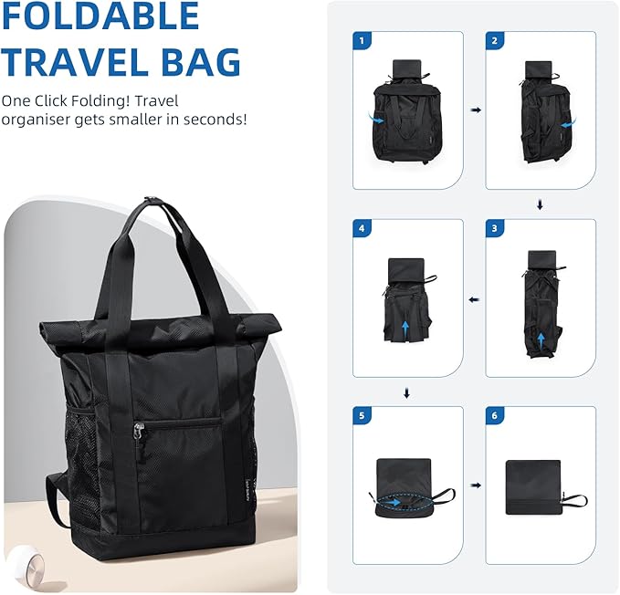 Foldable Convertible Tote Backpack Lightweight Versatile Nylon Daypack for Women Men Work Leisure Travel,Black