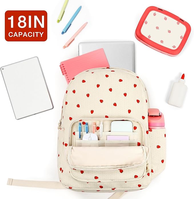 mibasies School Backpack for Girls with Laptop Sleeve: 18IN Large Capacity Corduroy Bookbag for Primary Middle School/College, Travel Daypack for Teens Women - Beige Strawberry