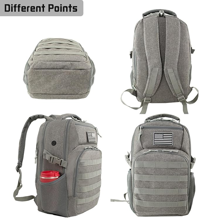 15'' Travel Laptop Backpack for Men, 25L Tactical College Backpacks with Water Pouches Both Sides, Portable Backpack for Men Women Business Work Bag Fight Approved - Grey Backpack