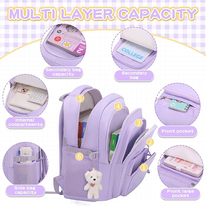 Cute Girls Backpack for School Kids Travel College backpack for Women Teen Purple Bookbags Aesthetic Laptop Bagpack