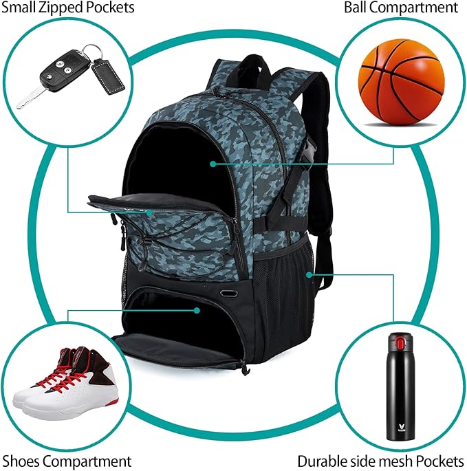 WOLT Basketball Backpack Large Sports Bag with Separate Ball Holder & Shoes Compartment, Best for Basketball, Soccer,Gym