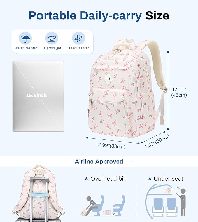 Girls Backpack, Lightweight School Backpack Multiple-pocket College Bookbag for Teen Girls Travel Backpack with Luggage Strap for Women, Beige with Pink Bow