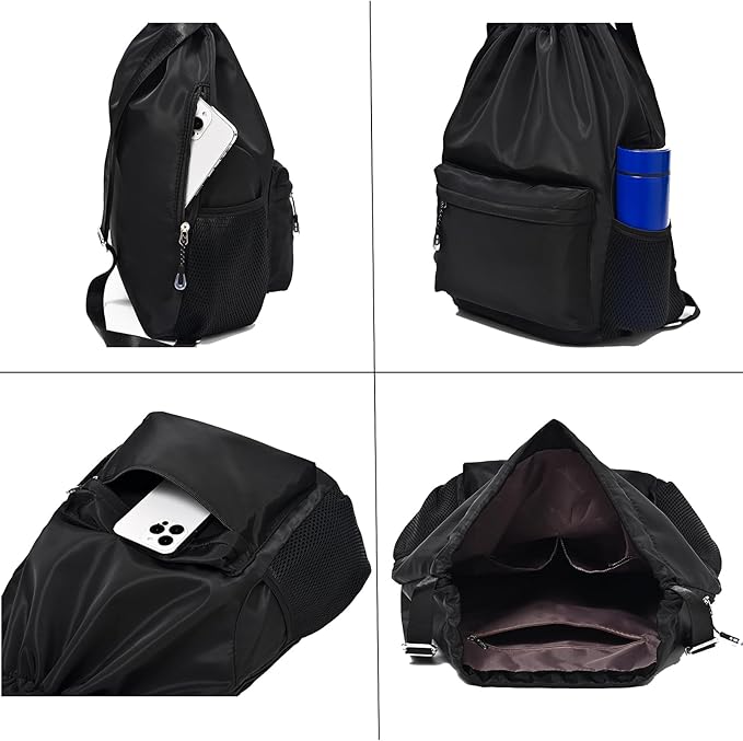 Black Drawstring Backpack for Women, Waterproof Drawstring Gym Bag for Men, Small Cinch Sack for Basketball, Pull String Sport Bag for Soccer.