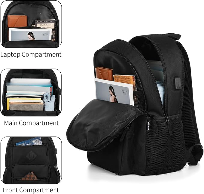 Black Backpack, School Backpack for Boys Girls, Lightweight Casual High School Bookbag, Daily-use Travel Laptop Backpack with USB Charging Port Fits 15.6 Inch Notebook
