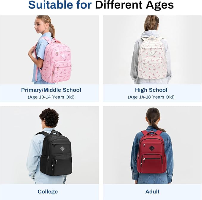Girls Backpack, Lightweight School Backpack Multiple-pocket College Bookbag for Teen Girls Travel Backpack with Luggage Strap for Women, Beige with Pink Bow