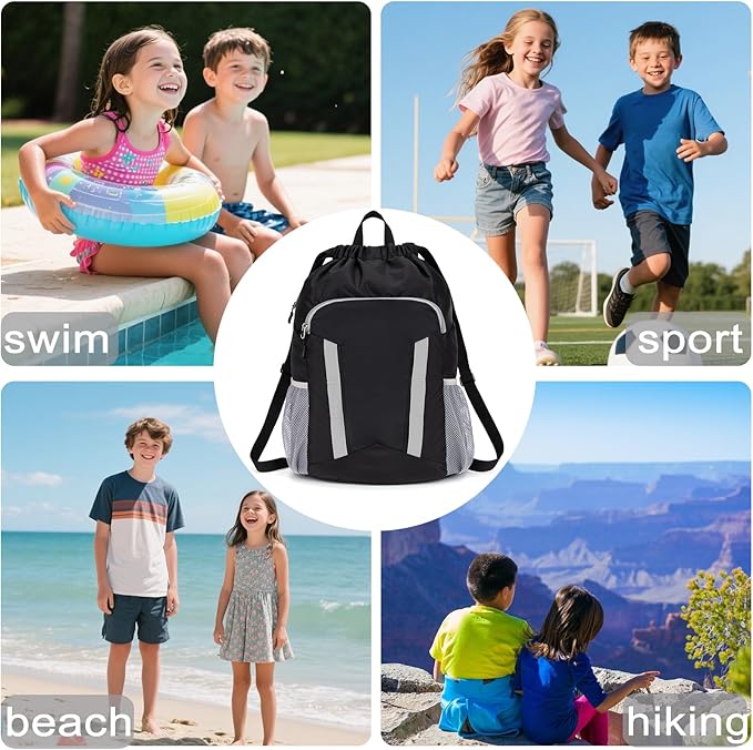 Drawstring Backpack for Kids Sports Gym Bag with Shoes Compartment, Water Resistant Beach Swim Bag String Backpack for Boys and Girls, Black