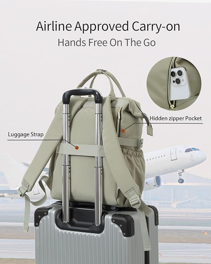 17.3in Computer Backpack for Women, Work Bag Laptop Bookbag with Cup Holder & USB Charger for Teacher Nurse College Travel Back Pack, Gifts, Beige Green