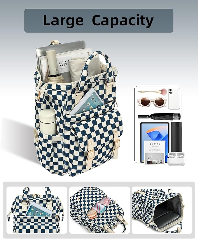 Laptop Backpacks for Women, Corduroy High School College Bookbag 15.6 Inch Laptop Bags for Girls Travel Daypack - Checkered Navy Blue