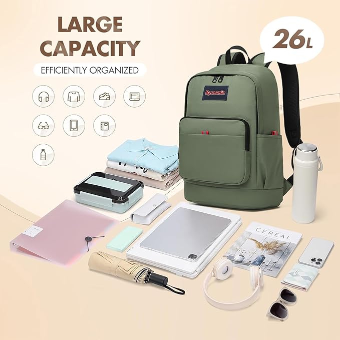 Classic Casual Backpack, Lightweight Daypack with 10 Pockets, Laptop Compartment, EVA Foam Pad (Olive)