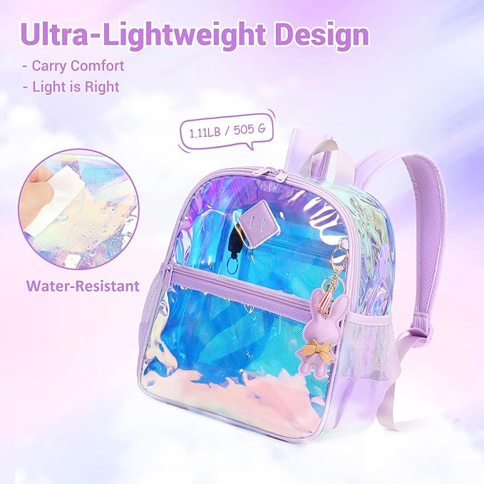 Clear Backpack for Stadium Events Approved 12×6×12, Thick TPU Mini Clear Bag with Front Pocket for Concert Sport Events Work Travel, Purple Iridescent