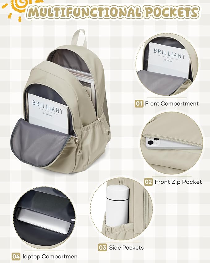 winspansy Backpack for School Teenage Girls Boys,Waterproof Lightweight School Bags Travel Daypack Simple Cute College Backpack Rucksack for Women Men fit 14 Inch Laptop,Khaki