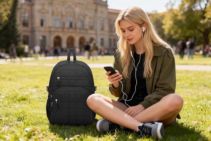 Quilted Laptop Backpack for Women, College Bookbag with Tumbler Holder Pocket for Nurse Teacher Work Travel, Puffer School Backpack for Teen Girls Big Student, Black