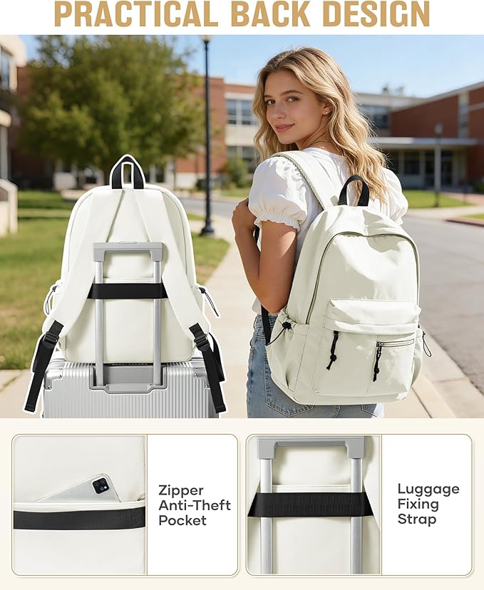 School Backpack for Girls Boys Bookbag Cute Aesthetic College Backpack Women Middle High School Teen Students Book Bag Lightweight Gym Work Laptop Casual Daypack Backpacks Men Beige
