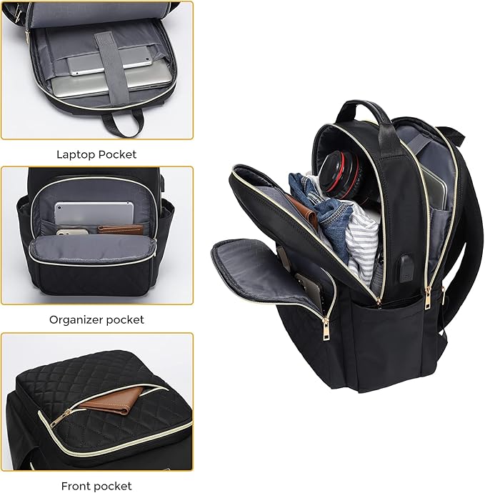 Modoker Eco-Friendly 15.6 Inch Laptop Backpack, Quilted Work Backpack for Women Bookbag Teacher Backpack with USB Charging Port, Travel Backpack Purse for Women Nurse, Black