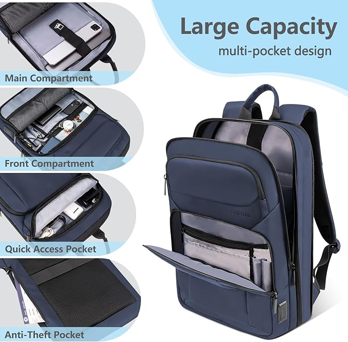 Backpack for Men Slim & Expandable Travel Laptop Backpack with USB Charging Port Water Resistant Anti-Theft Business Backpack Fits 17.3In Laptop for Commute Work College with Small Bag (Navy Blue)