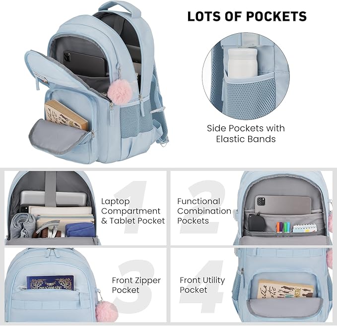 School Backpack for Teen Girls,Book Bag with Laptop Compartment,Laptop Backpack Fits 15.6Inch Notebook for Travel,College Back Pack for Girls Middle and High School,Mochilas Escolares para Niñas,Blue
