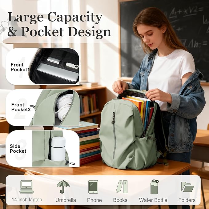 weradar Simple School Backpack For Men Women,Waterproof Bookbag For Teens Girls Boys,Lightweight Casual Daypacks College Backpack,Cute High School Bag(Green)