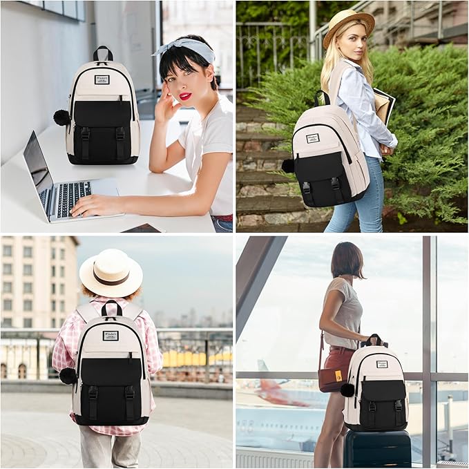 School Backpack for Teen Girls, Cute College Backpacks for Women Students Aesthetic Bookbag Large 17.3 Inch Laptop Bag Middle School Travel Back Pack (Black Beige)