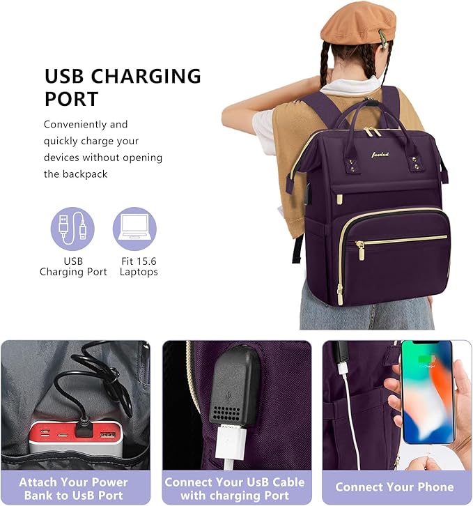 Laptop Backpack for Women Work Bags - 15.6 Inch Professional Womens Travel Backpack Purse Computer Laptop Bag Nurse Teacher Backpack Waterproof Carry on Back Pack with USB Port Dark Purple
