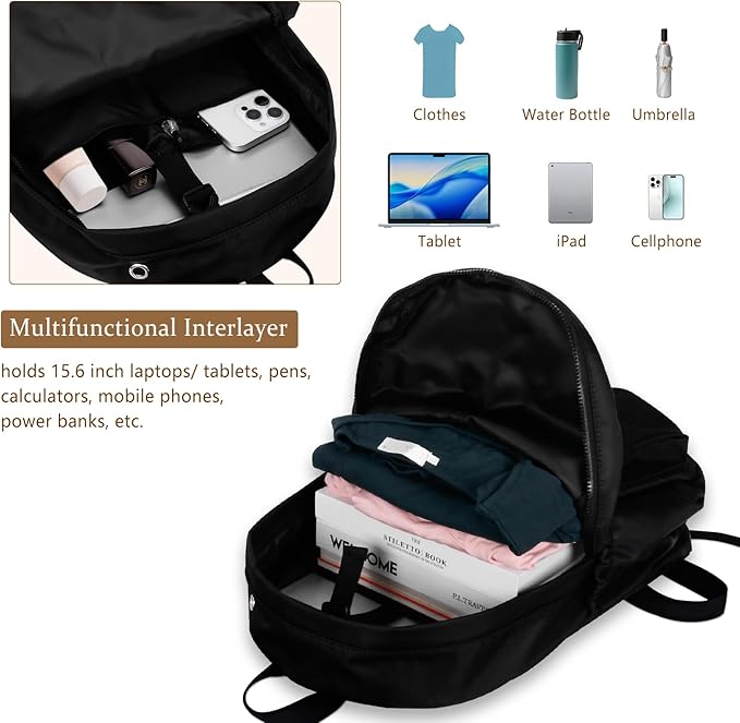 Women's Water-resistant Daypack Backpack, 15.6 Inch Laptop Compartment & Anti-Theft Pocket, Adjustable Padded Straps for Commuting, Travel, Work, College, Black