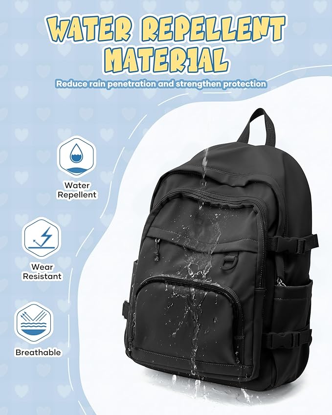 Black Lightweight Backpack for College & High School Backpack With Lots of Pockets Cute School Bag for Girls Boys, Large Capacity Bookbag for Women Men, Waterproof Teens Casual Daypack Backpack
