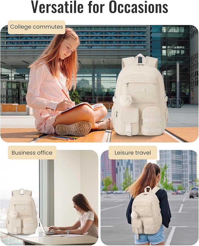 School Backpack for Teens Girls, Large Corduroy Bookbag Lightweight 15.6 inch Laptop Bag for Women Elementary Middle High School College Backpacks Students Travel Daypack - Beige