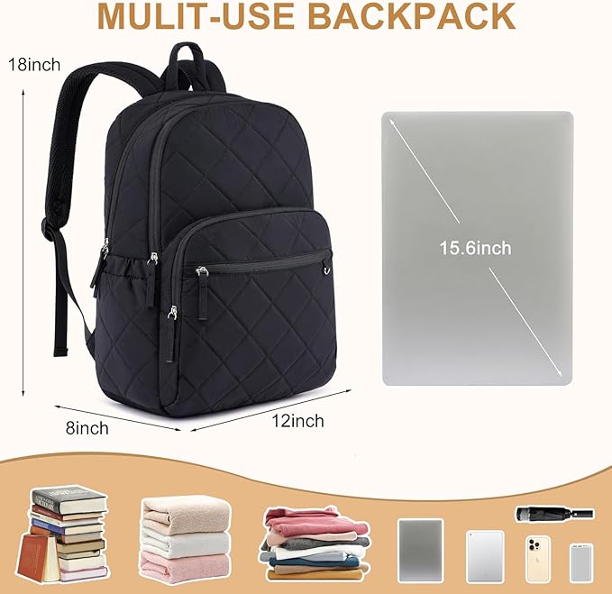Backpack for Men and Women, School Backpack for Boys Girls, Quilted Casual Travel Daypack, Water-Resistant Bookbag for 15.6 Inch Laptop, Black