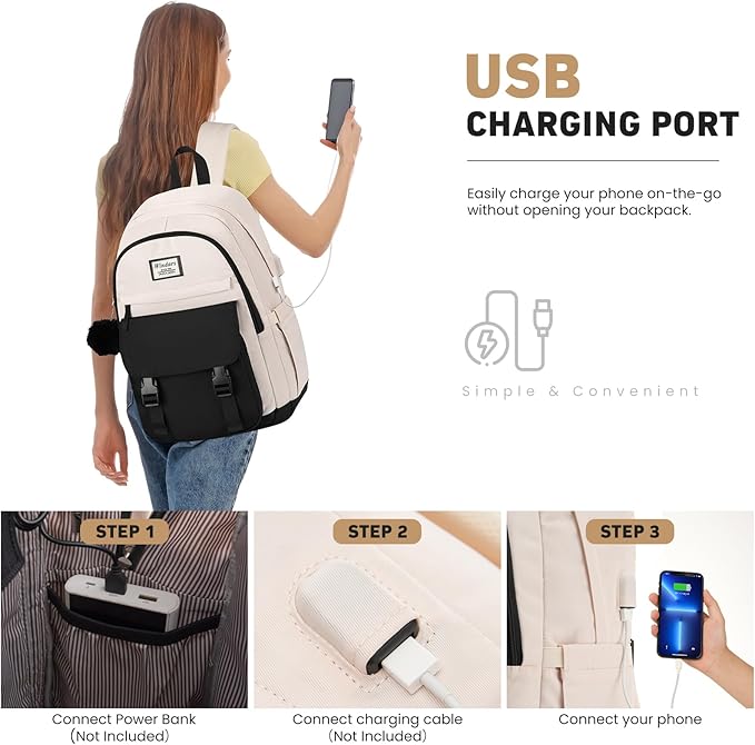 School Backpack for Teen Girls, Cute College Backpacks for Women Students Aesthetic Bookbag Large 17.3 Inch Laptop Bag Middle School Travel Back Pack (Black Beige)