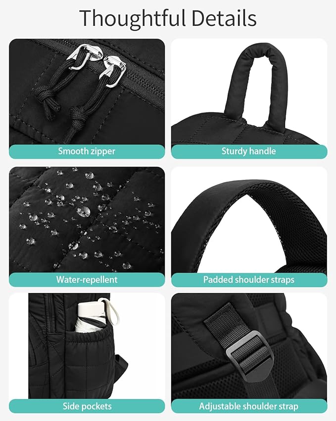 Bookbag for Women, Teen Girls Backpack for High School College Student, Puffer Quilted Back Pack Cute Laptop Backpack for Work Travel Mom Casual Daypack, Black