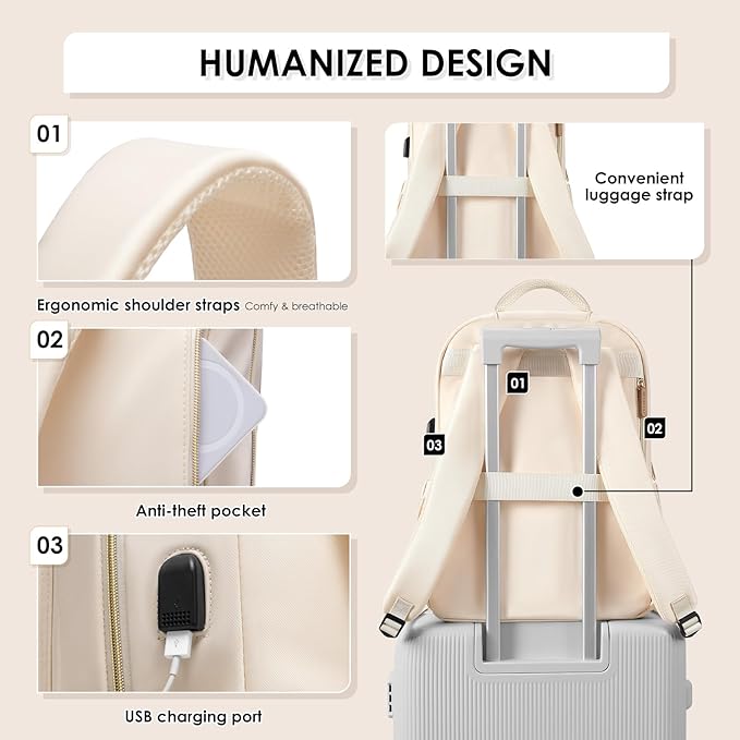 Laptop Backpack for Women,Travel Backpack with Laptop Compartment,Casual Daypack College Bookbag Computer Backpack for Work with Small Organizer Bag,Beige