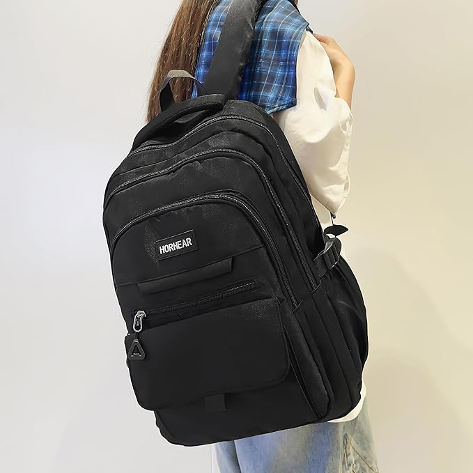 School backpack for Girls, Aesthetic Backpack for Women Cute Bookbag Preppy College (Black)