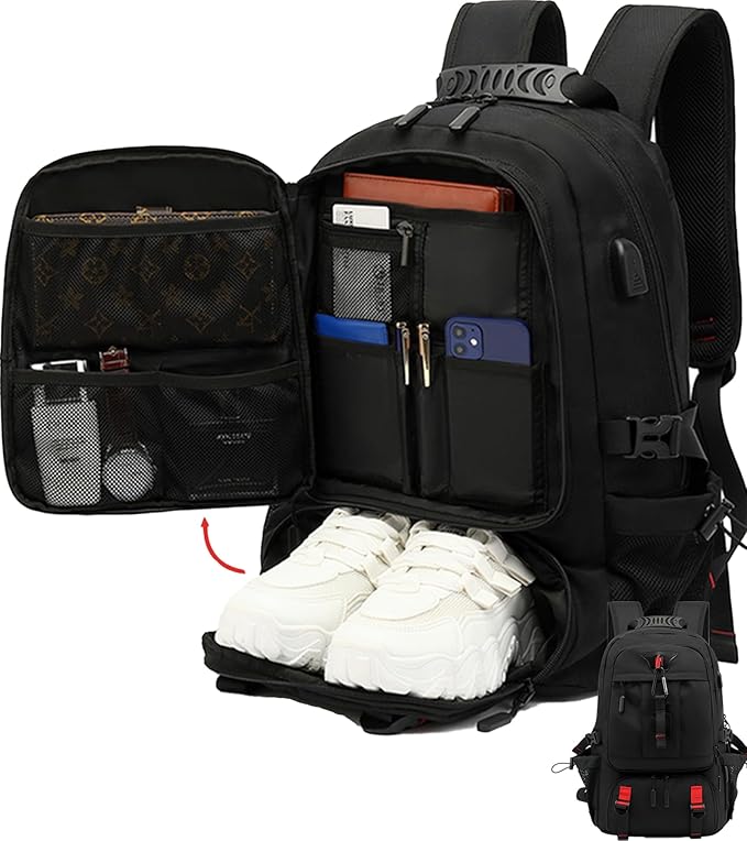 Large Laptop Backpack with Shoe Compartment, Waterproof Rucksack 15.6/17 Inch, Travel School Gym Work College Bags for Men (Black, XL(60L))