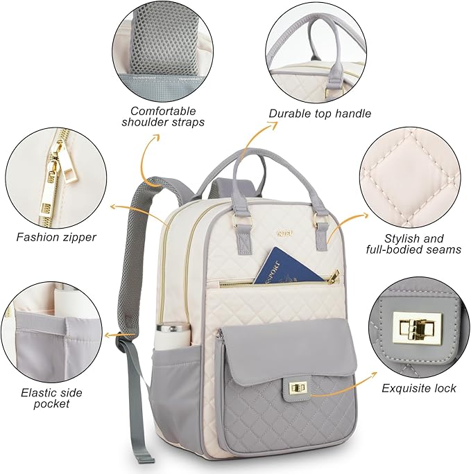 Teen Girls School Backpack,15.6in Laptop Bag for Women,Big Schoolbag for Travel Work Nurse Teacher Uni,Gray-Beige