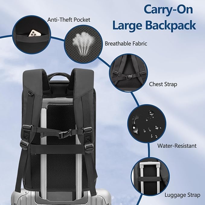Travel Backpack for Men Women Large Lightweight Carry-on Laptop Backpack 30L Flight Approved Business Rucksack Water-Resistant Backpack Fits 17.3 inch Laptop for College Work Travel with a Small Bag
