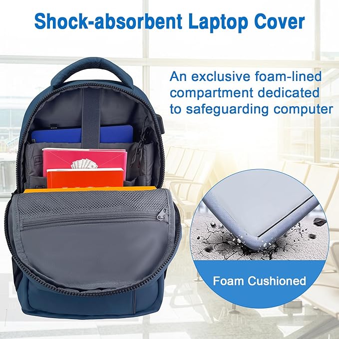 WOLT Laptop Backpack for Men Women for 15.6 Inch and 17 Inch Notebook, Travel Backpack Carry On Flight Approved with Computer Compartment, College Bookbag with USB Charging Port (Blue)