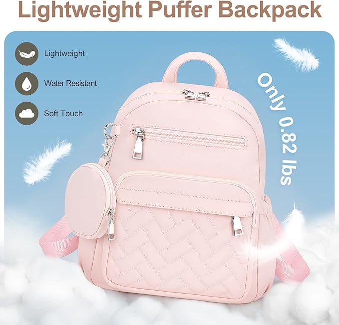 Mini Backpack for Women Small Backpack Purse, Anti Theft Backpack Waterproof Lightweight Puffer Back packs for Travel, Work with Coin Purse Pink