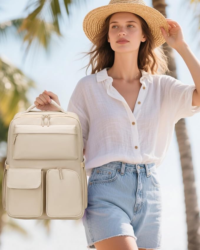 FODOKO Backpack for Work, Casual Backpack for Women Men Daypack Backpack for Travel College Bookbag Separate Compartment for 15.6 Inch Notebook Beige