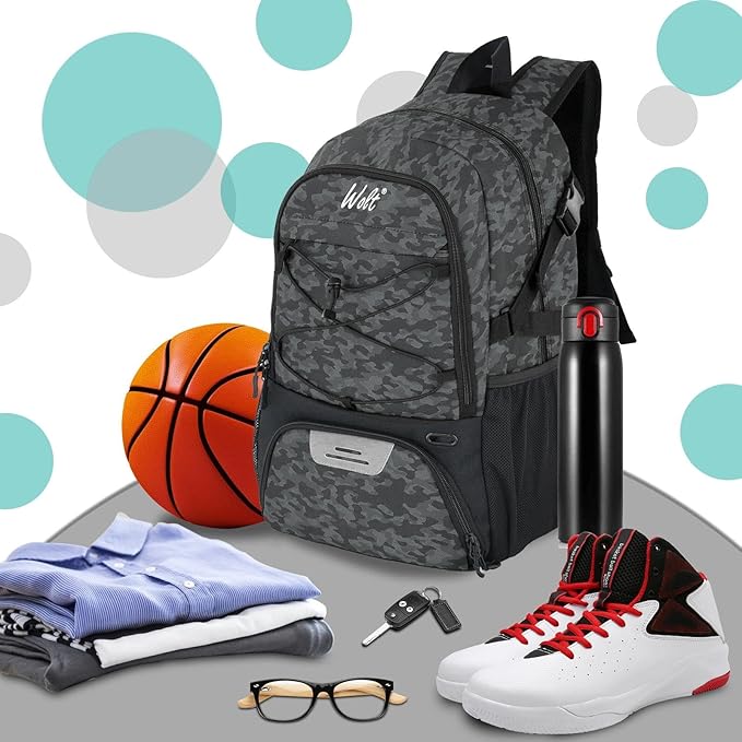 WOLT Basketball Backpack Large Sports Bag with Separate Ball Holder & Shoes Compartment, Best for Basketball, Soccer,Gym