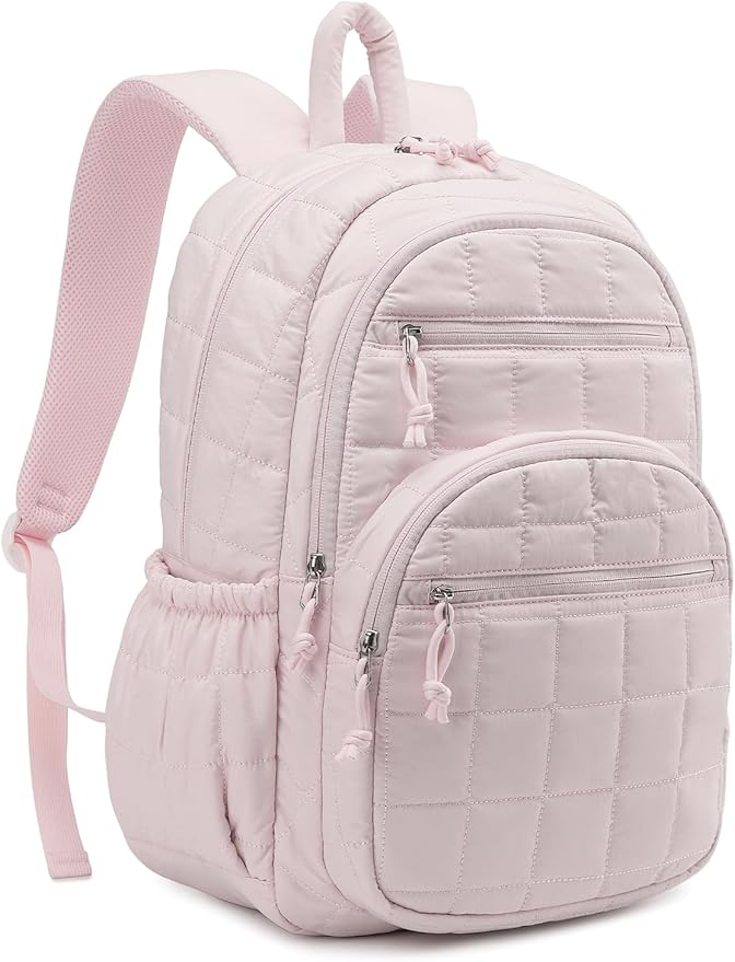 Bookbag for Women, Teen Girls Backpack for High School College Student, Puffer Quilted Back Pack Cute Laptop Backpack 17.3in for Work Travel Mom Casual, Pink