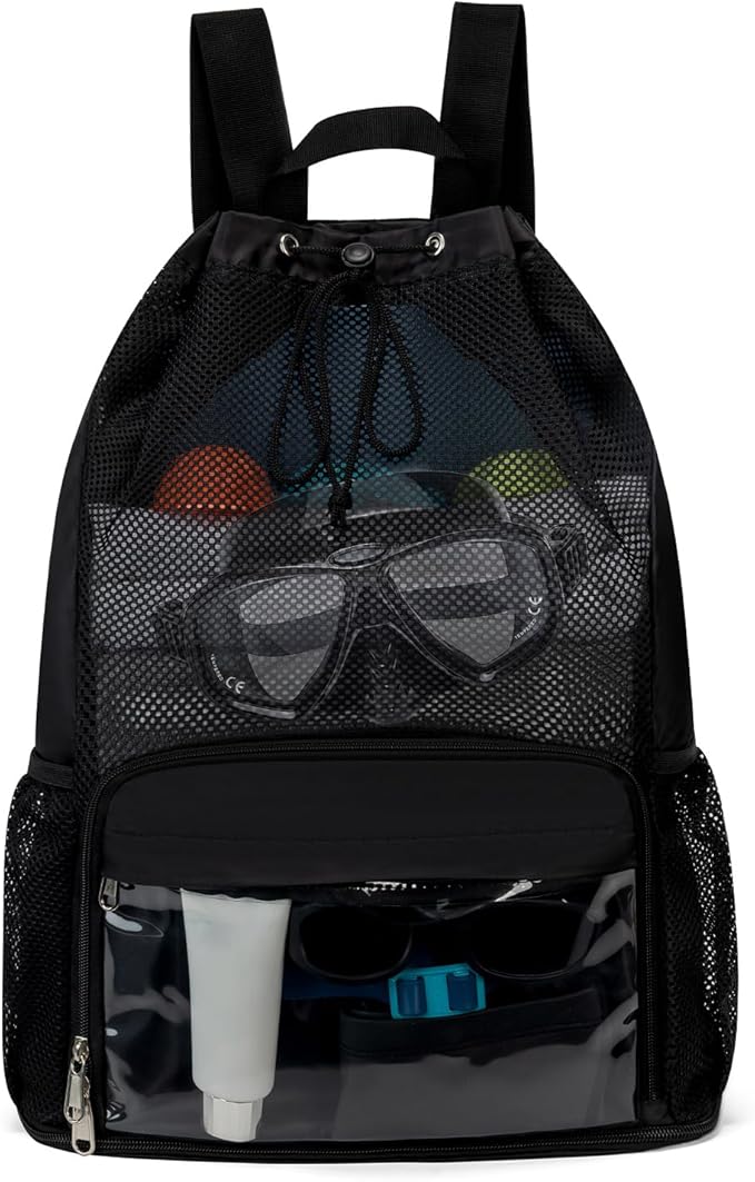 Drawstring Backpack Sandproof Beach Backpack with Shoe Compartment & Wet Pocket Waterproof Mesh Swim Bag Pool Bag for Gym, Travel and Workout Gear (Black)