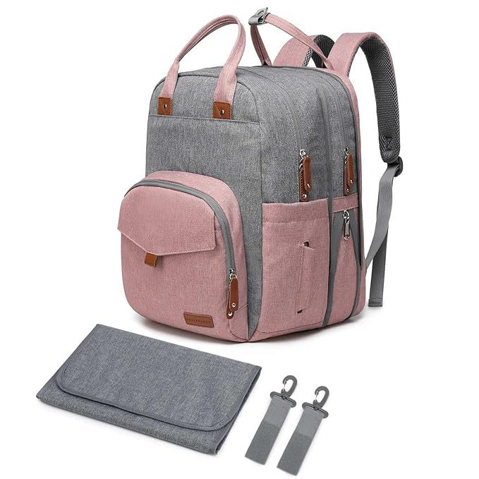Extra Large Diaper Bag Backpack for Two Kids Twins - Expandable Baby Bag (26-36L), Dual Big Compartments - Includes Changing Pad & Stroller Straps, Unisex Pink Grey