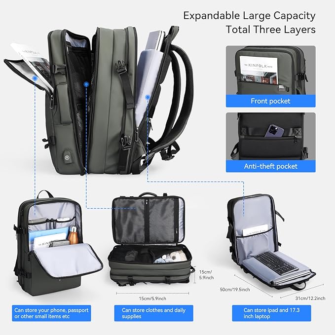 MARK RYDEN Travel Backpack for Men, 40L Airline Approved Carry on Backpack with USB Charging Port, 17.3 Inch Waterproof Business Laptop Backpack