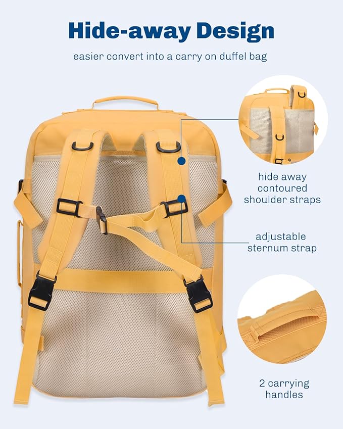 Hynes Eagle Carry on Backpack 38L Large Travel Backpack for Women Flight Approved Weekender Bag Laptop Backpack Men 15 inches Yellow