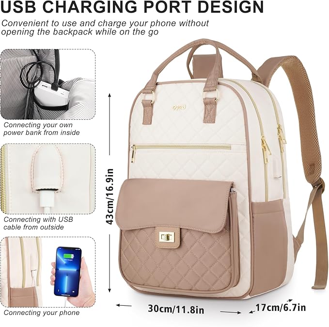 School Backpack for Teen Girl,Aesthetic Schoolbag Bookbag with 15.6-Inch-Laptop Compartment for Women College Student Work Travel Nurse Teacher,Khaki-Beige